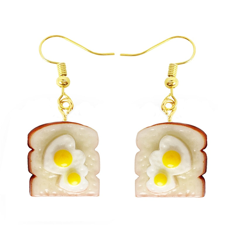 Resin Fried Egg Sandwich Drop Earrings Women Art Fashion Cartoon Earrings