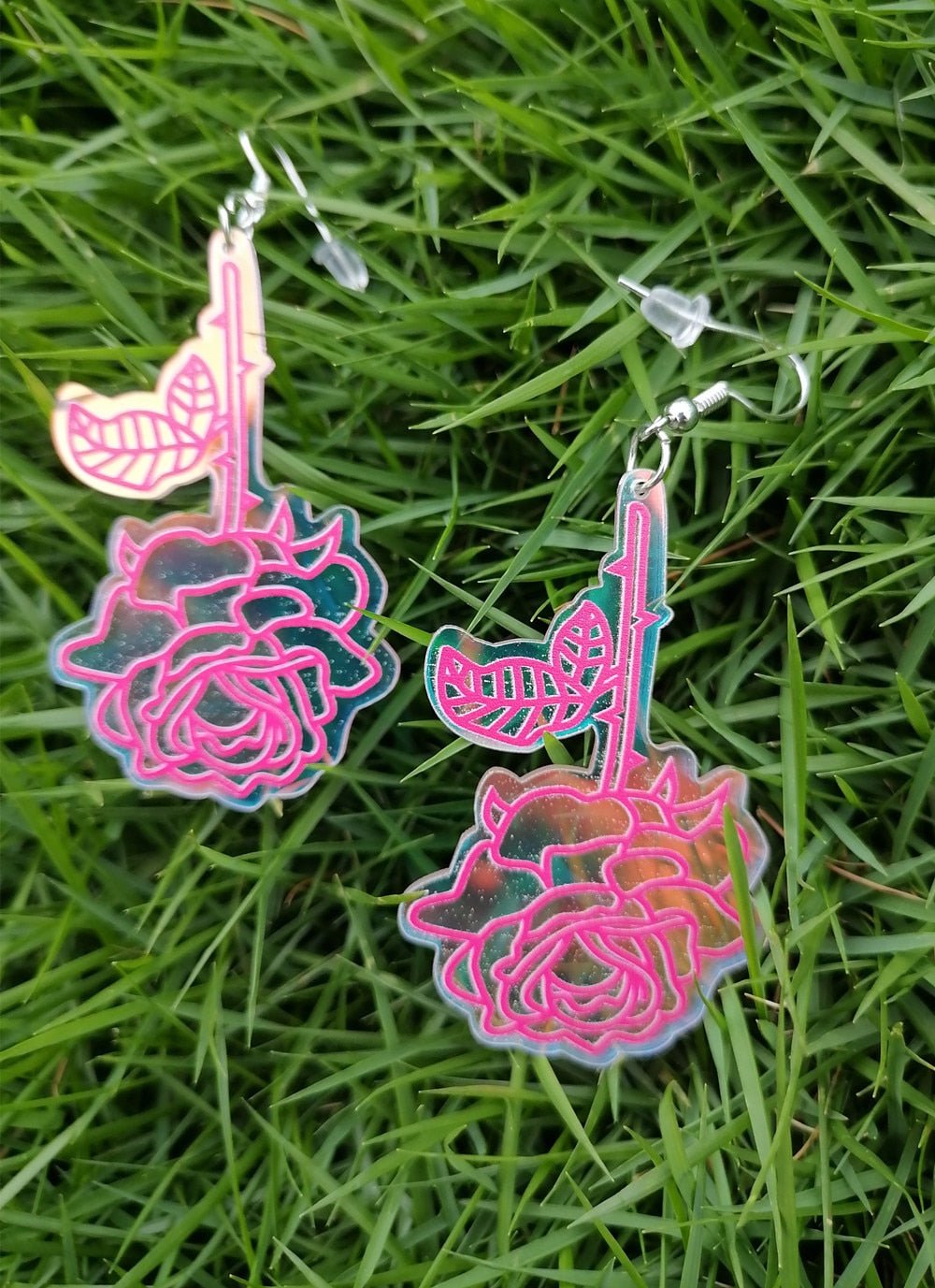 Holographic Rose Dangle Earrings Women Travel Fashion Cartoon Earrings Creative