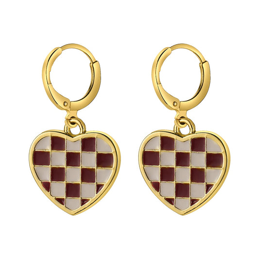 Brown Plaid Heart Dangle Earrings Fashion Party Girls Pendant Earrings Women