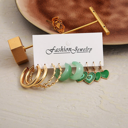 5 Pairs Green Heart Mint Hoop Earrings Fashion Women Summer Party Jewelry Girls
