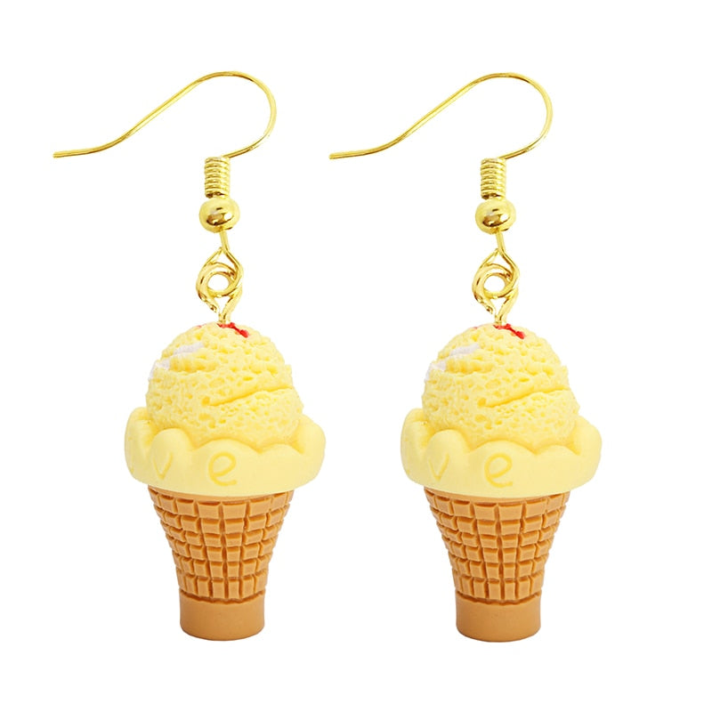 Cute Funny Yellow Ice Cream Waffle Cup Drop Earrings Women Creativity Jewelry