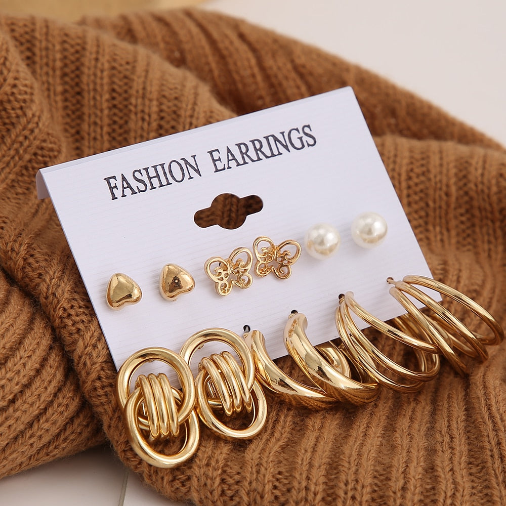 6 Pairs Golden Stud and Hoop Earrings Fashion Women Summer Party Jewelry Girls