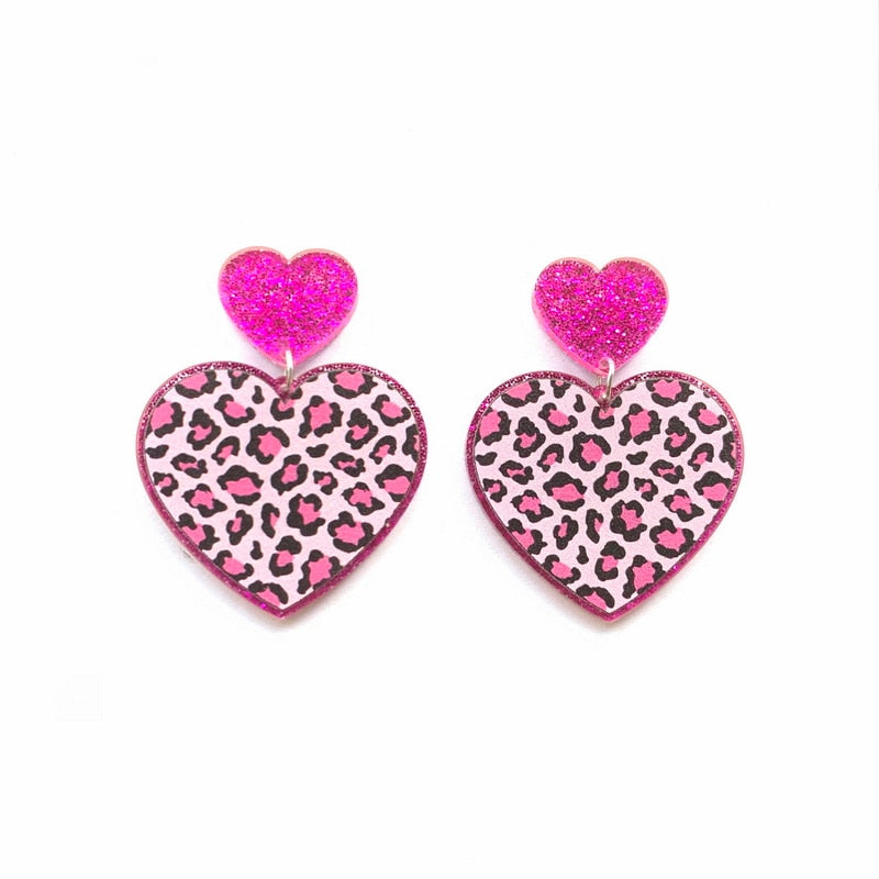 Glitter Leopard Heart Drop Earrings Fashion Women Summer Party Jewelry Girls