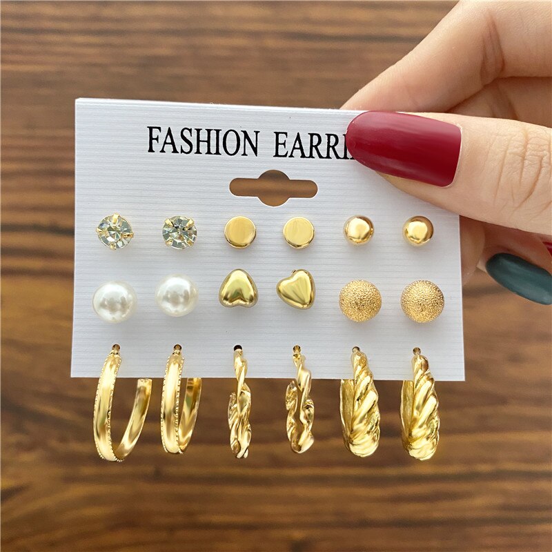9 Pairs Set Studs and Hoop Earrings Fashion Women Summer Party Jewelry Girls