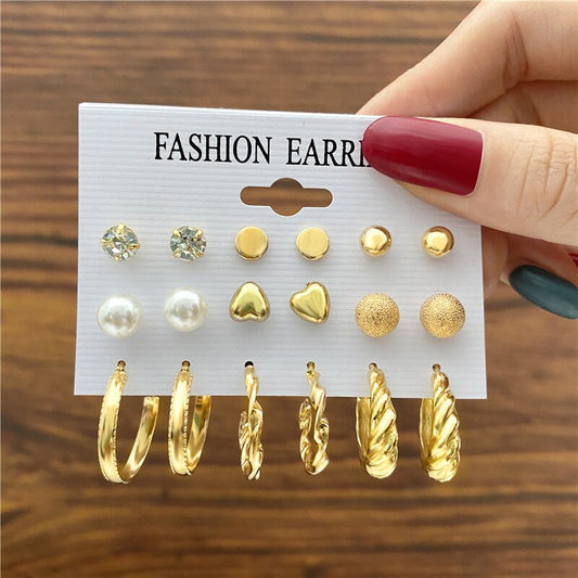9 Pairs Set Studs and Hoop Earrings Fashion Women Summer Party Jewelry Girls