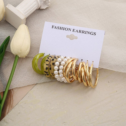 5 Pairs Green Leopard Pearl Hoop Earrings Fashion Women Summer Party Jewelry