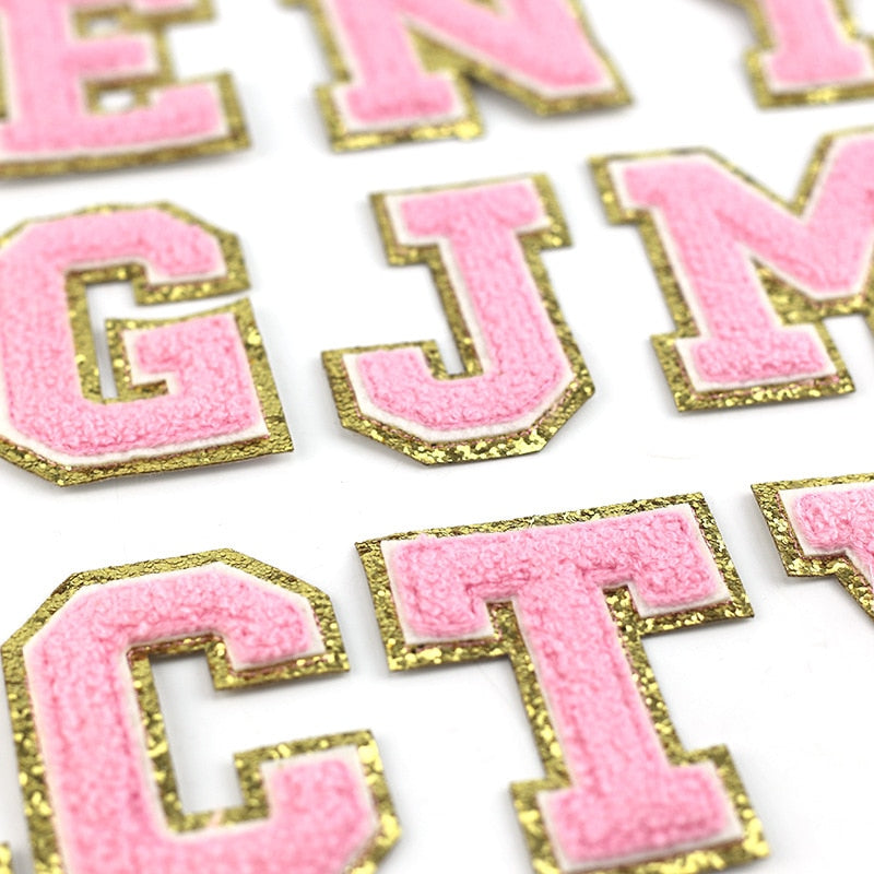 A-Z Pink Letters Alphabet Sequins Towel Embroidered Chenille Patches For DIY