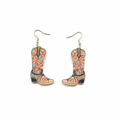 Floral Pattern Cowgirl Boots Drop Charm Earrings For Women Girl Fashion Modern