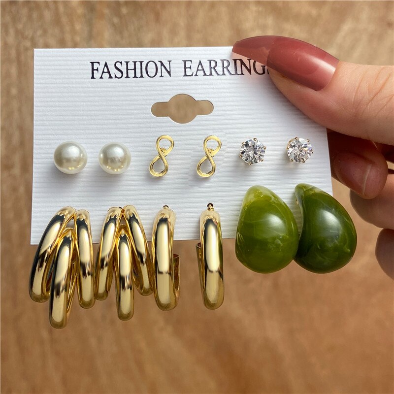6 pairs Metallic Green Mixed Hoop Earrings Fashion Women Summer Party Jewelry