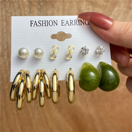 6 pairs Metallic Green Mixed Hoop Earrings Fashion Women Summer Party Jewelry