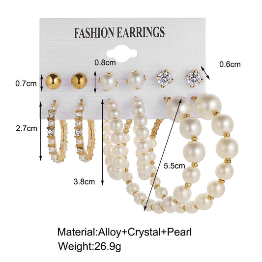 6pairs Mixed Tone Pearl Beads Hoop Earrings Fashion Women Summer Party Jewelry