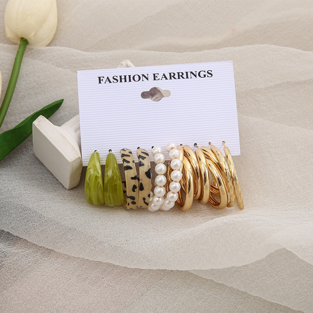 5 Pairs Green Leopard Pearl Hoop Earrings Fashion Women Summer Party Jewelry