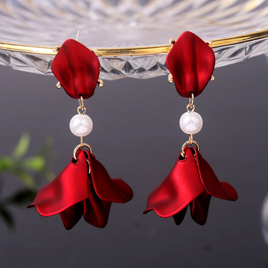 Pearl Red Flower Dangle Earrings Fashion Party Girls Pendant Earrings Women