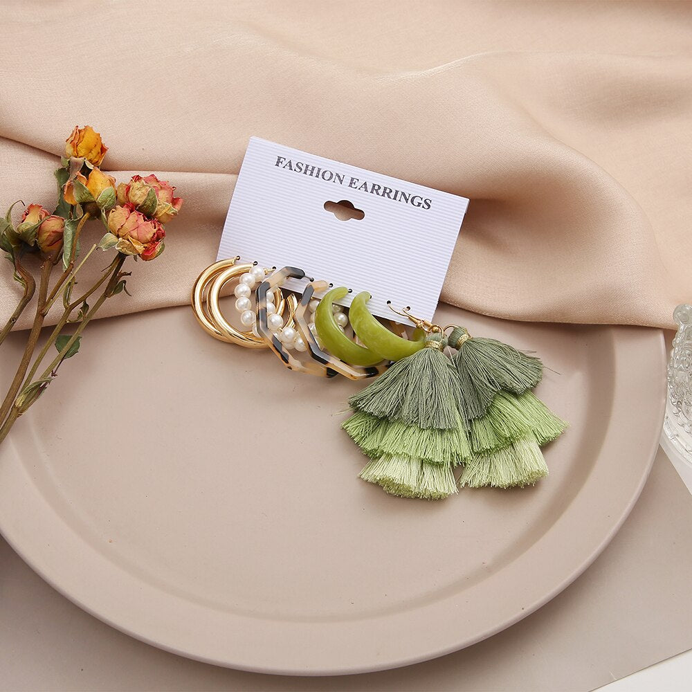 5pairs Green Ombre Tassel Drop Earrings Fashion Women Summer Party Jewelry Girls