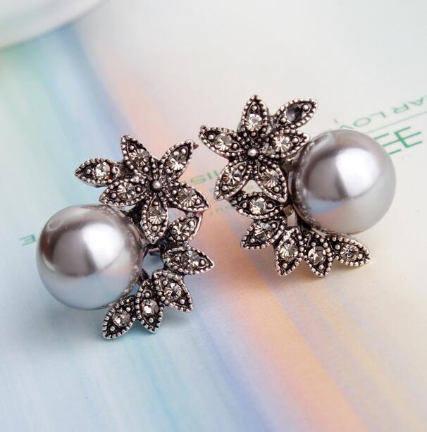 Grey Pearl Flower Drop Earrings Modern Women Stylish Gift Jewelry Ear Fashion