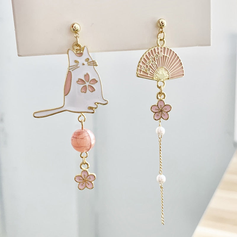 Cat and Fan Drop Earrings Women Party Wedding Jewelry Creative Gifts Earrings