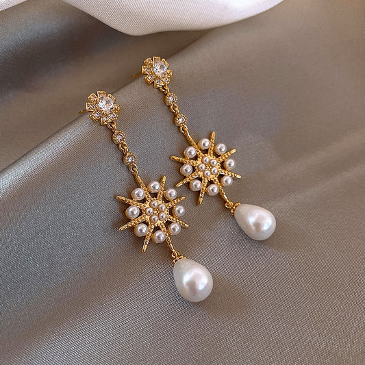 Pearl Snowflake Drop Earrings Women Girl Party Gift Fashion Ear Jewelry