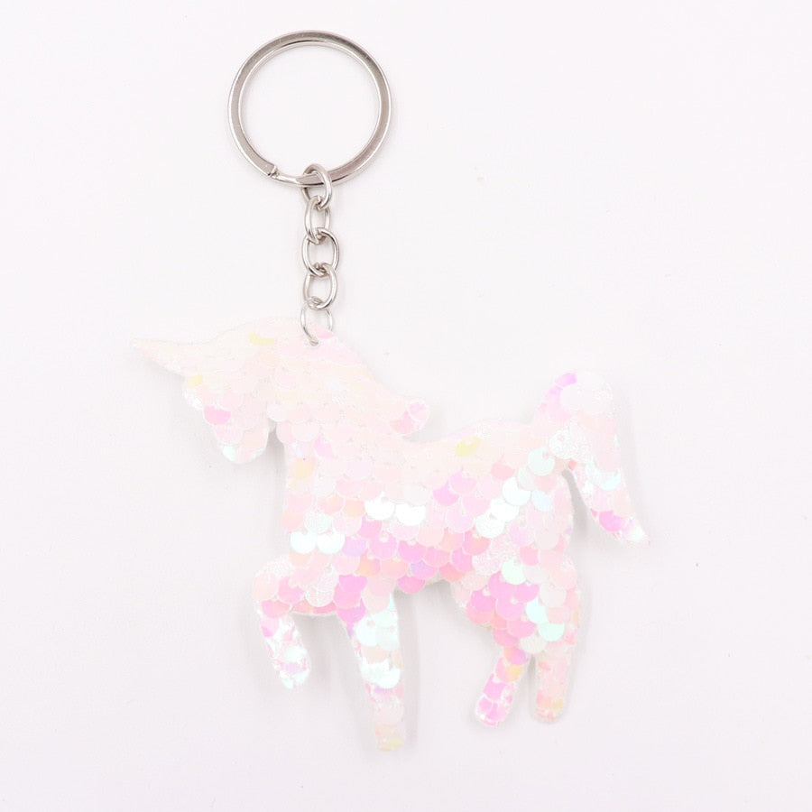Holographic White Unicorn Sequin Keychain Sparkling Love Keyring Women Shoulder