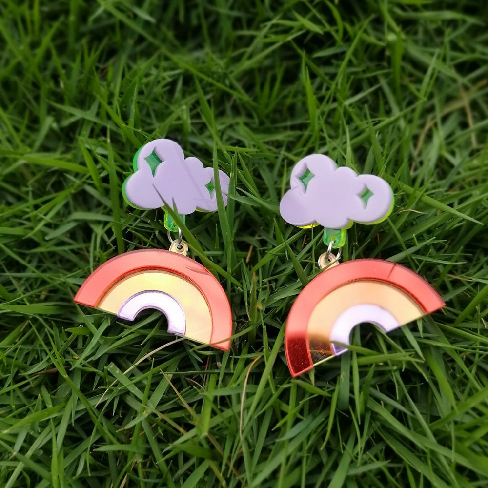 Rainbow Cloud Holographic Acrylic Dangle Earrings Women Travel Fashion Cartoon