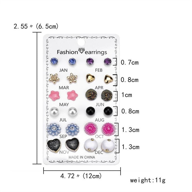 12Pairs/Set Crystal Rhinestone Flower Stud Earrings Women Gift Wedding Party