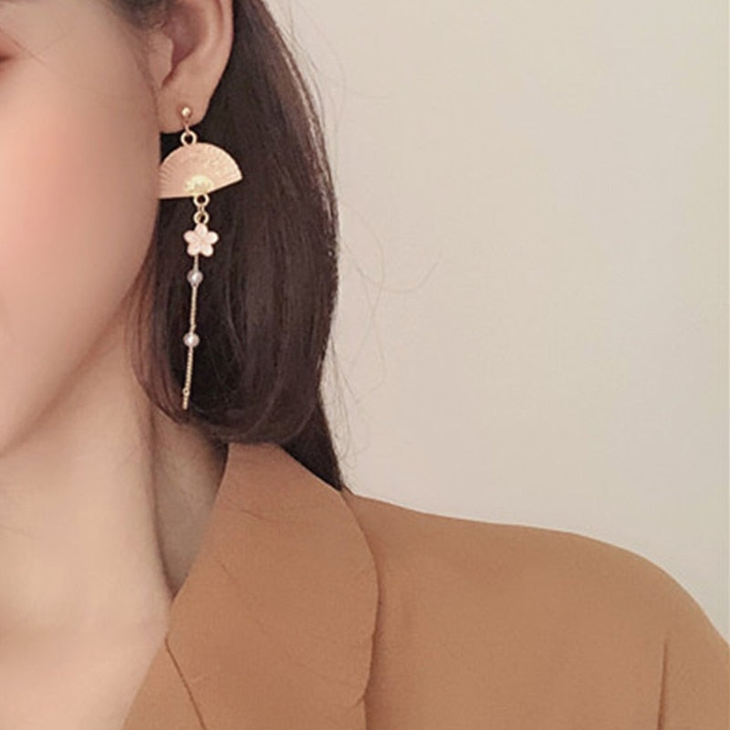 Cat and Fan Drop Earrings Women Party Wedding Jewelry Creative Gifts Earrings