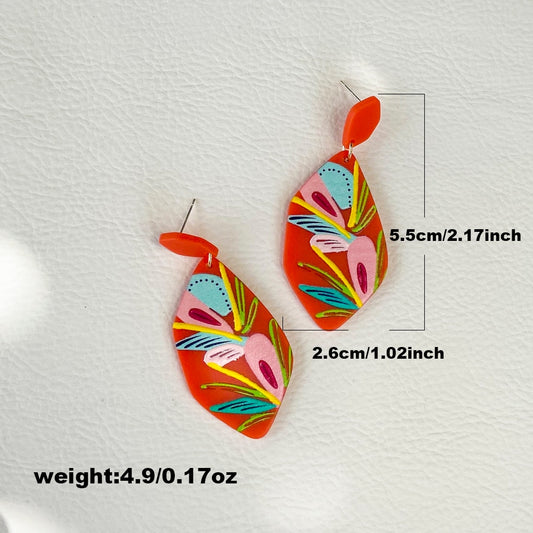 Red Floral Pattern Hand Painted Resin Drop Earrings Women Girl Party Gift