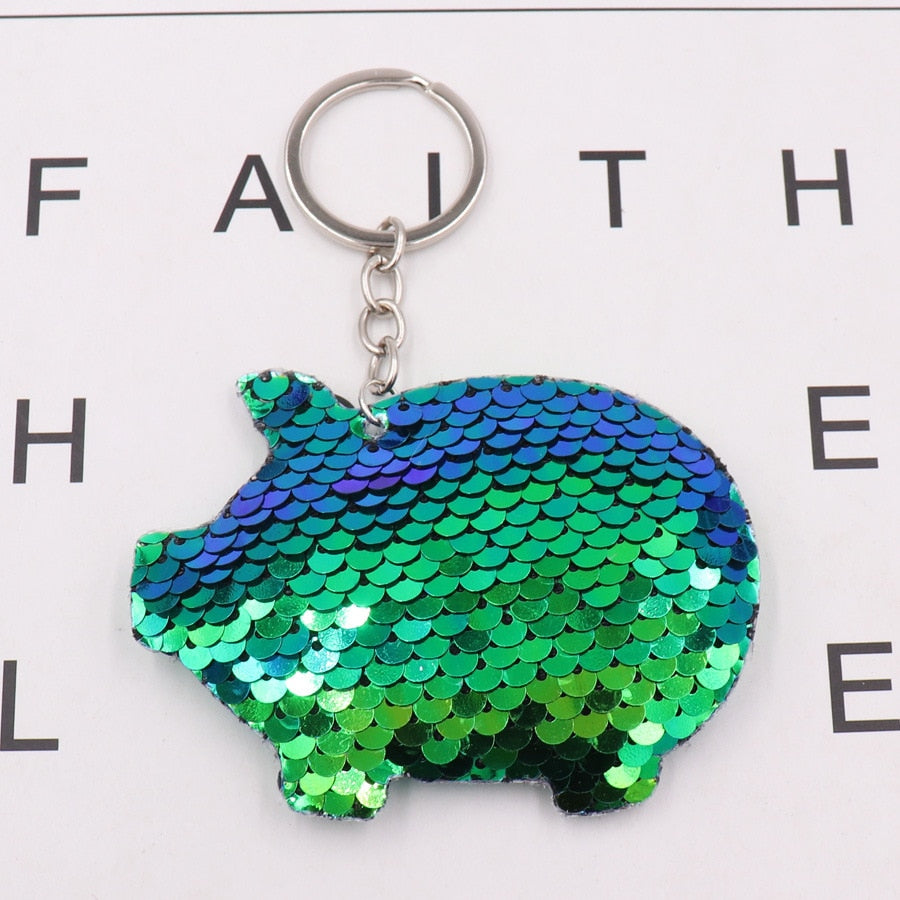 Holographic Green Pig Sequin Keychain Sparkling Love Keyring Women Shoulder Bag