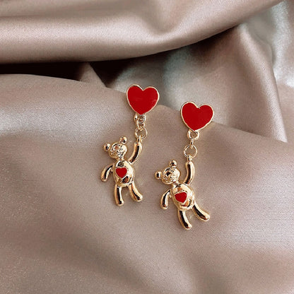 Lady Cute Bear with Red Heart Drop Earrings for Women Jewelry Girls Earrings