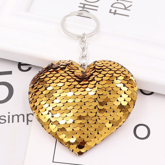 Cute Golden Sequin Heart Keychain Sparkling Love Keyring Women Shoulder Bag