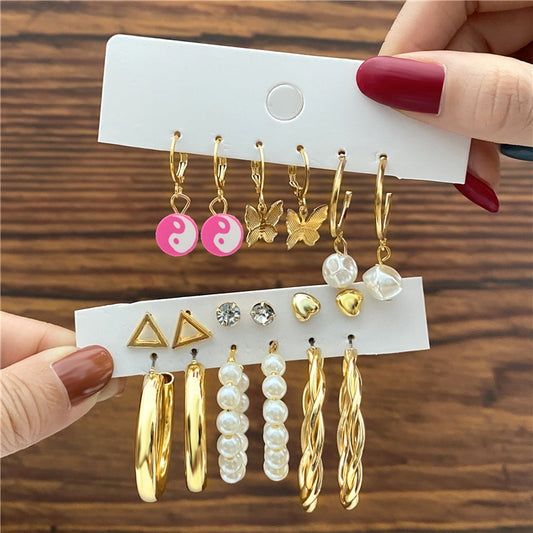 9 Pairs Yin Yang Golden Hoop Earrings Set Fashion Women Summer Party Jewelry