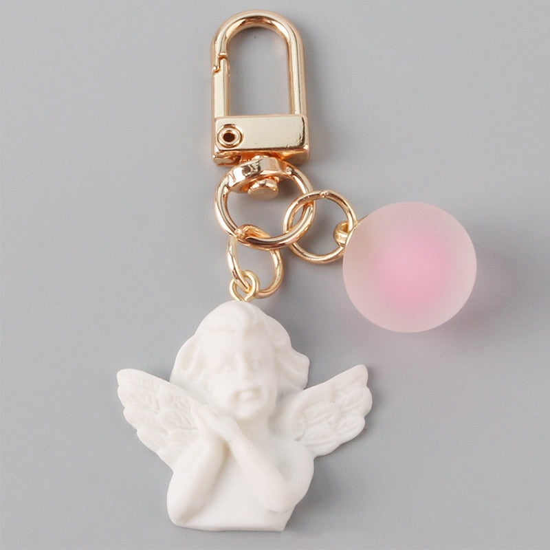 5 Colors White Angel Keychain Charms Women Cute Mini Jelly Ball Pendant Key Ring