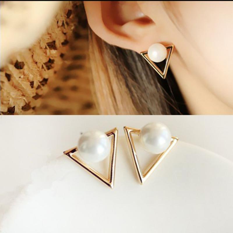 Triangular Pearl Stud Earrings Simple Style Hollow Triangle Pearl Earrings