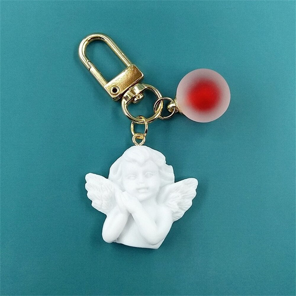 5 Colors White Angel Keychain Charms Women Cute Mini Jelly Ball Pendant Key Ring