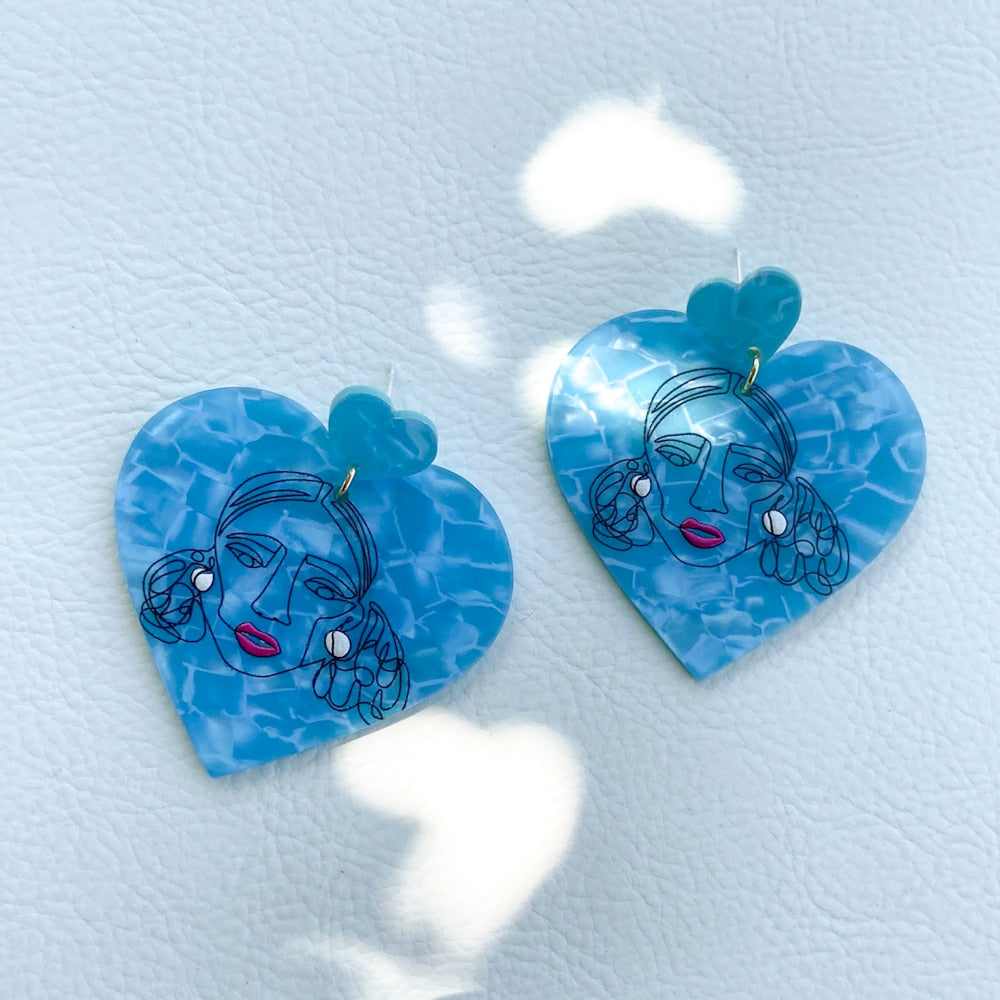 Blue Heart Girl Hand Painted Resin Drop Earrings Women Girl Party Gift Fashion