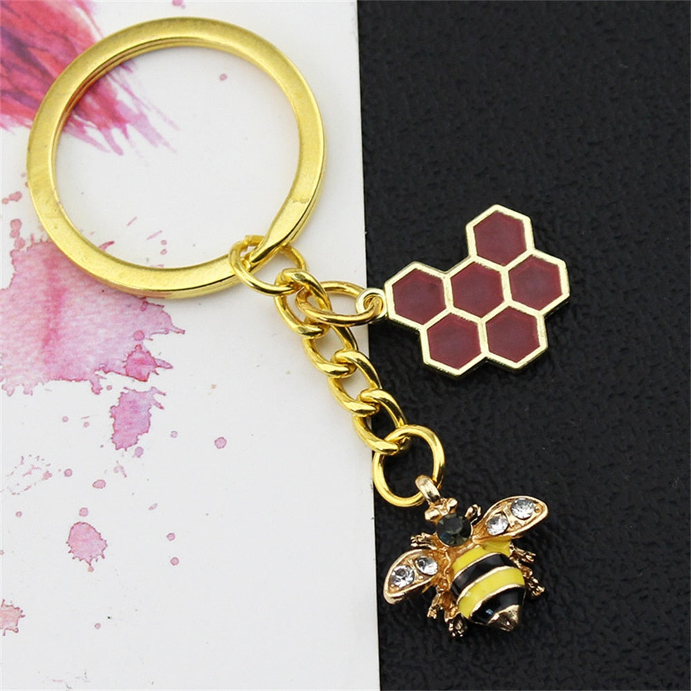 6 Styles Alloy Drip Oil Rhinestone Bee Keychain Hexagon Honeycomb Charms Key