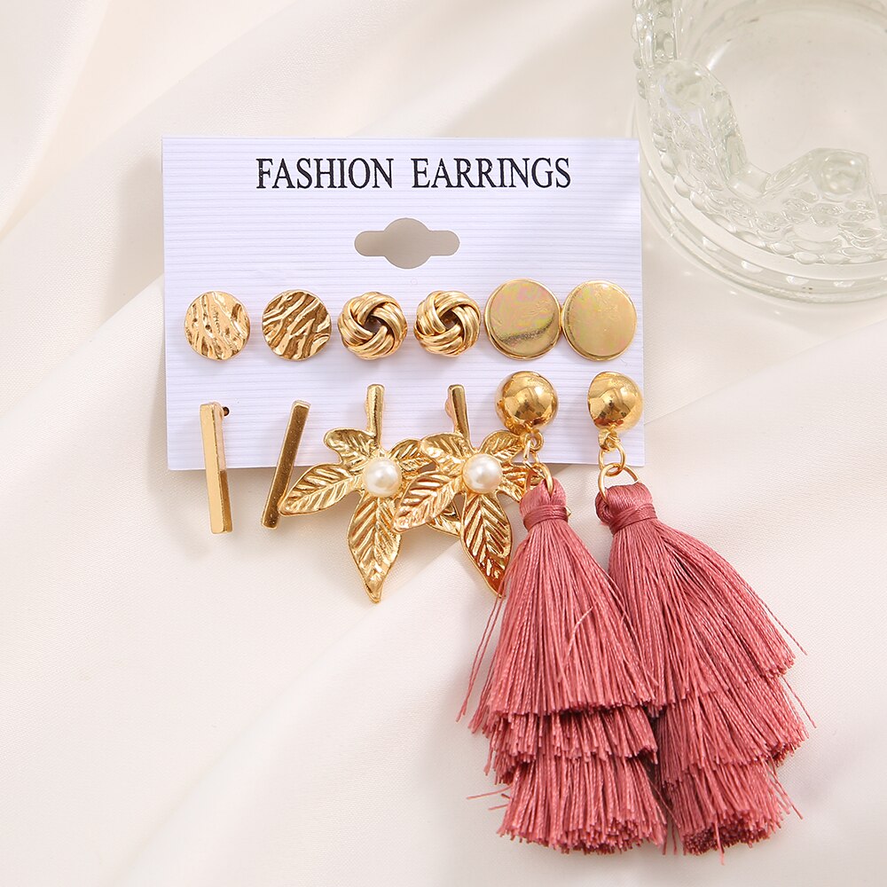 6pairs Textured Leaf Coral Tassel Stud and Drop Earrings Fashion Women Summer
