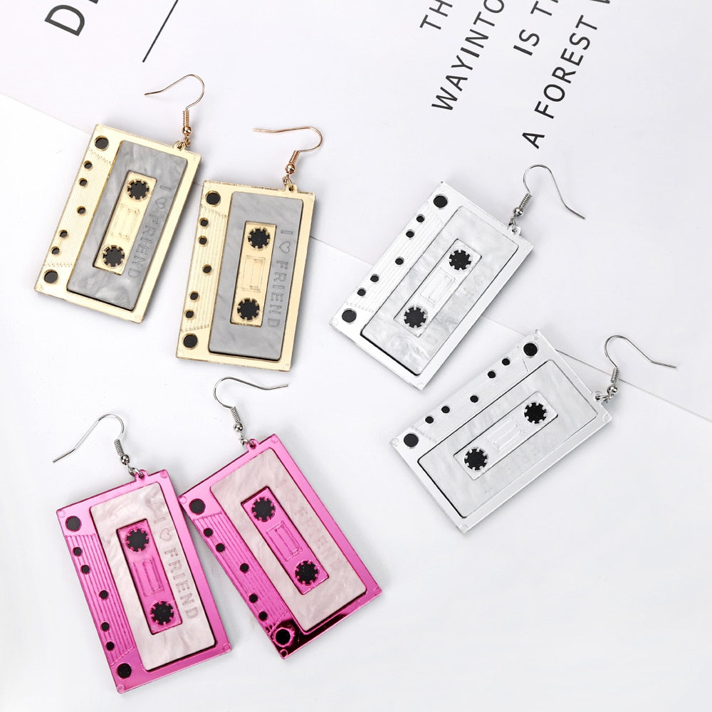 Vintage Romantic Cassette Tape Dangle Earrings Women Travel Fashion Cartoon