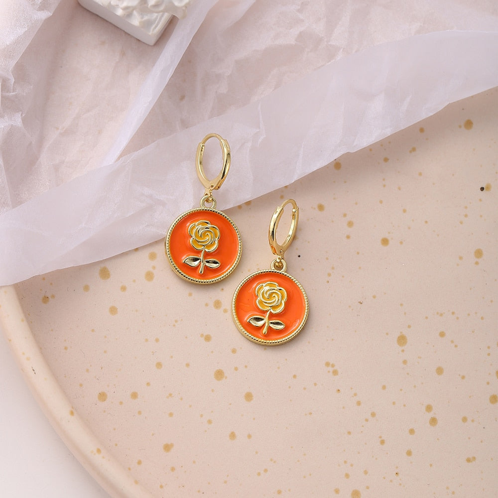 Orange Rose Dangle Earrings Fashion Party Girls Pendant Earrings Women Jewelry