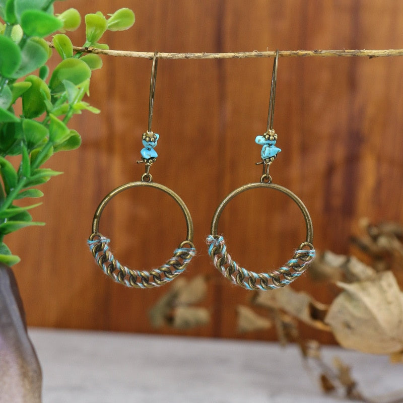 Turquoise Chain Decor Round Drop Charm Earrings For Women Girl Fashion Modern