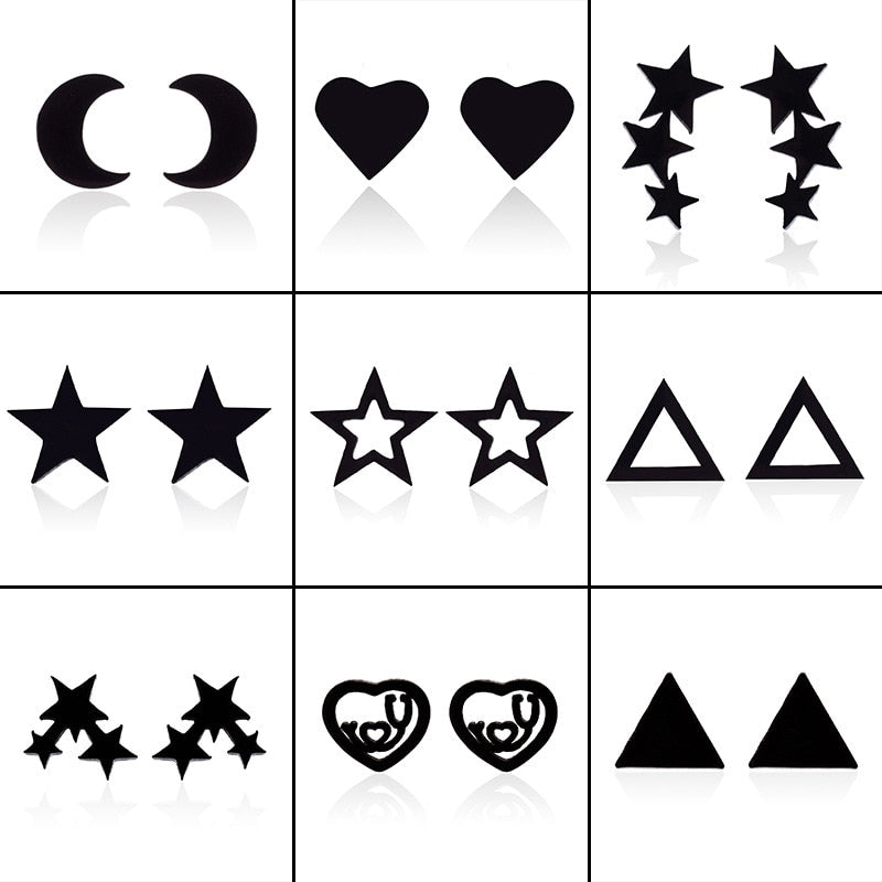 9 Styles Black Star Heart Geometric Stainless Steel Stud Earrings Women Jewelry