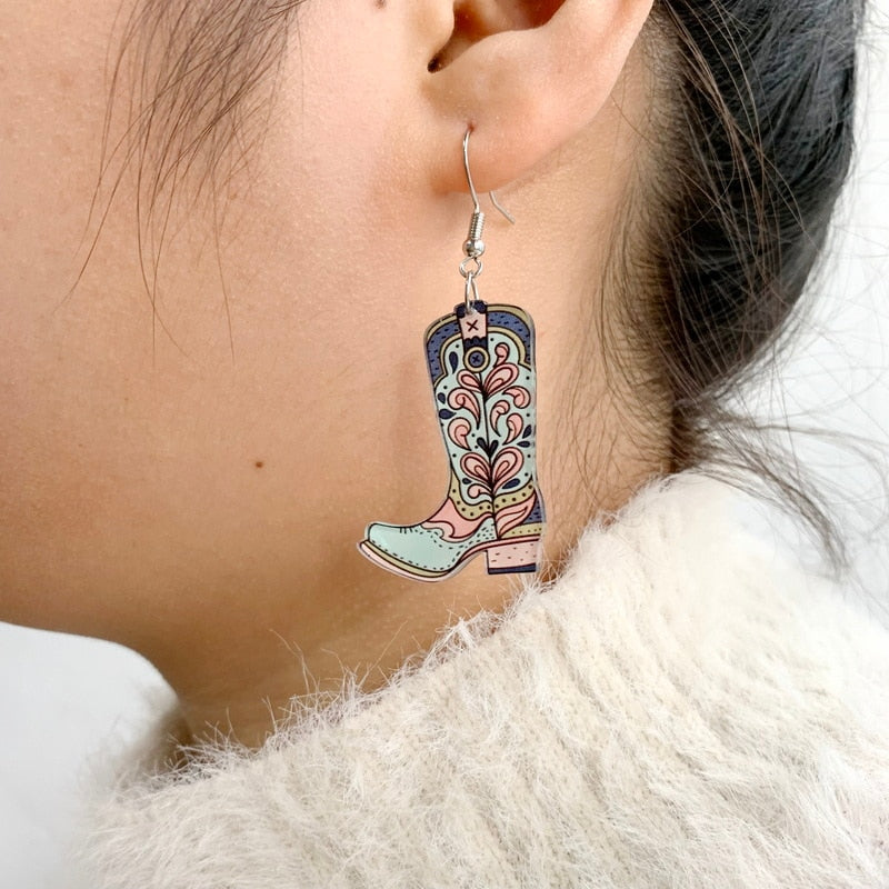 Chic Cowgirl Boots Flower Pattern Drop Charm Earrings For Women Girl Fashion