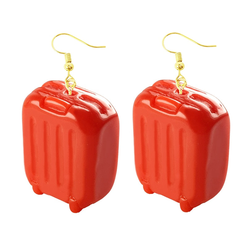 Red Luggage Bag Suitcase Drop Earrings Women Art Fashion Cartoon Earrings