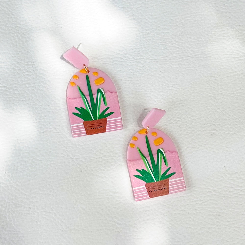 Potted Plant Pink Hand Painted Drop Earrings Women Girl Party Gift Fashion Ear