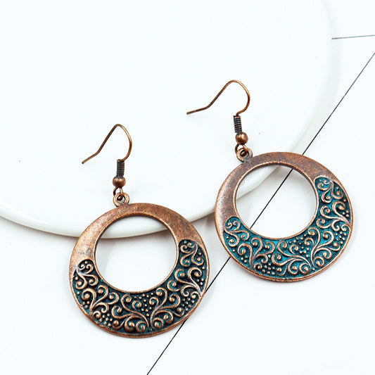 1Pair Bronze and Turquoise Textured Round Dangling Drop Earrings Female Fashion