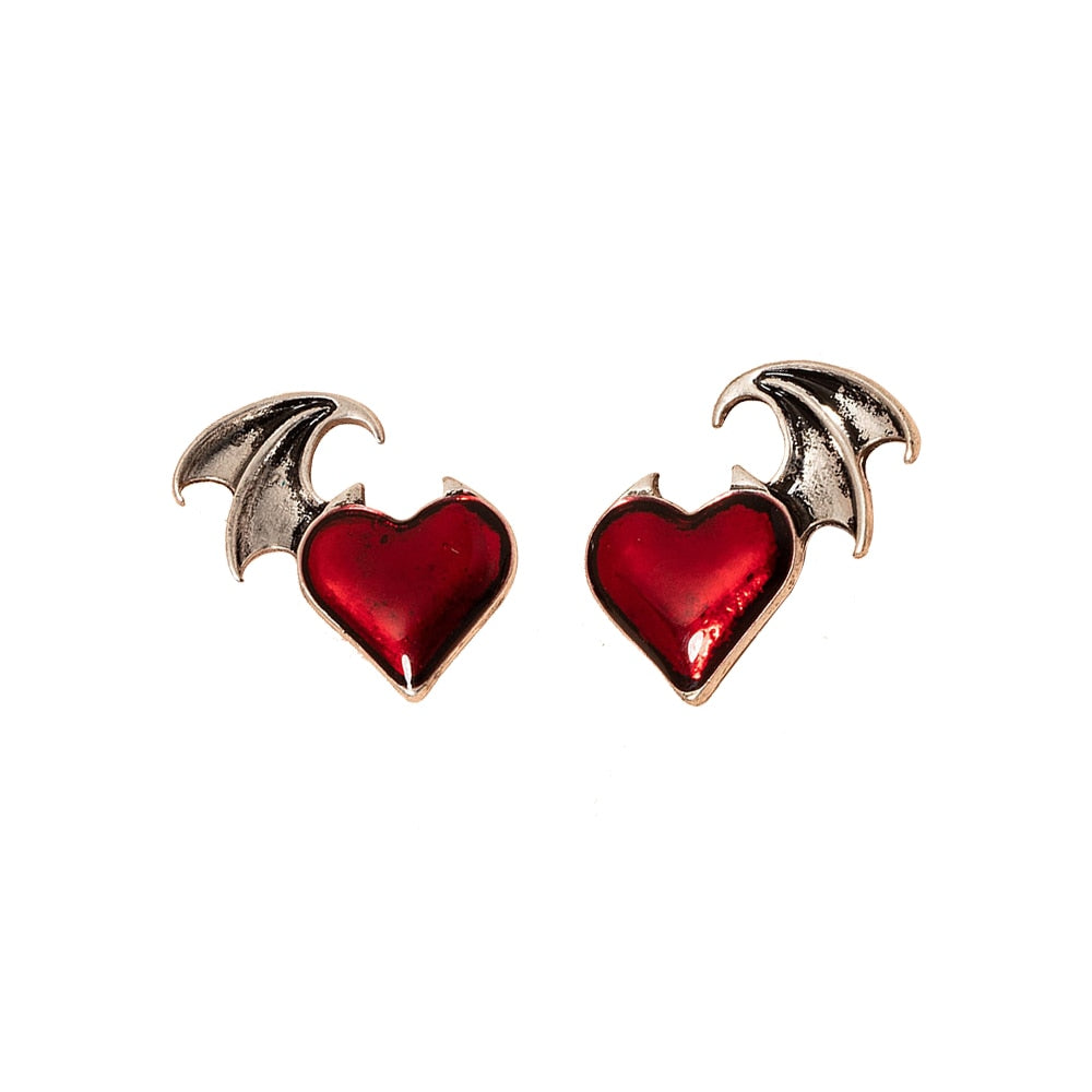 Red Devils Wings Heart-shaped Stud Earrings Charms Jewelry Fashion Creative