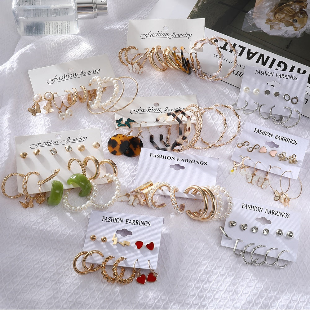 32 Styles 5-9Pairs Mixed Design Hoop Stud Drop Earrings Set Fashion Women Summer