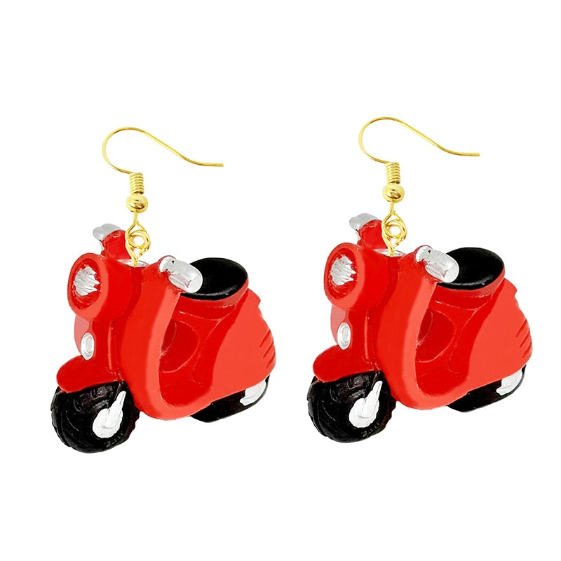 Red Motorbike Drop Earrings Women Art Fashion Cartoon Earrings Creative Jewelry