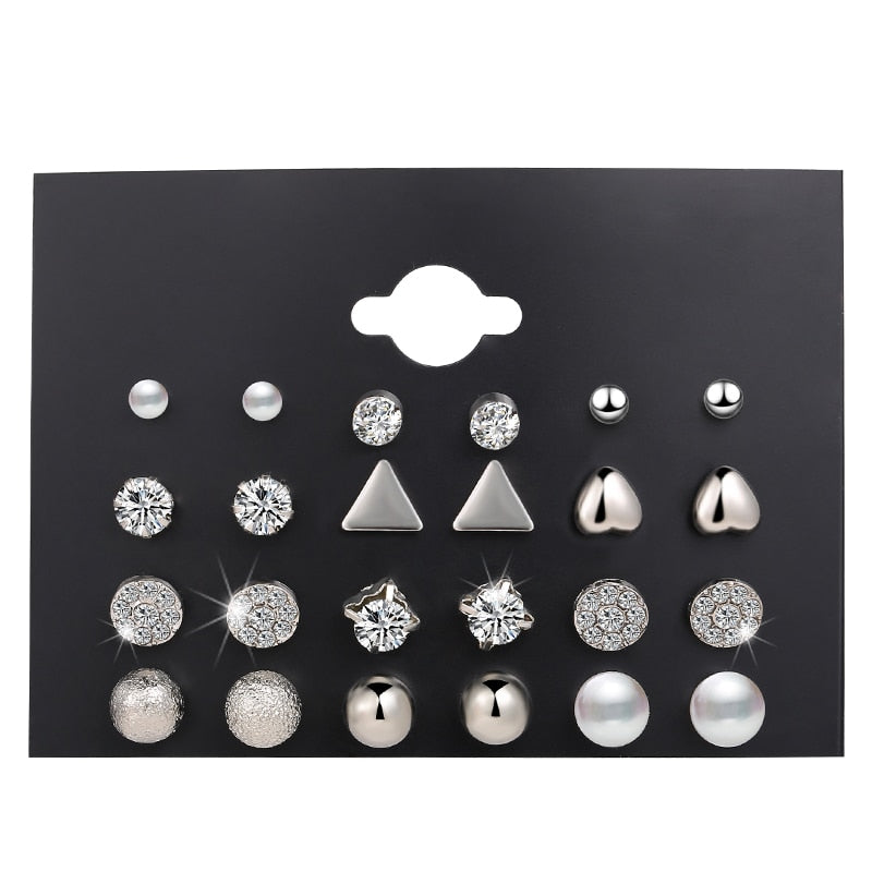 12 Pairs Silver-colored Stud Earrings Women Fashion Summer Gifts Jewelry