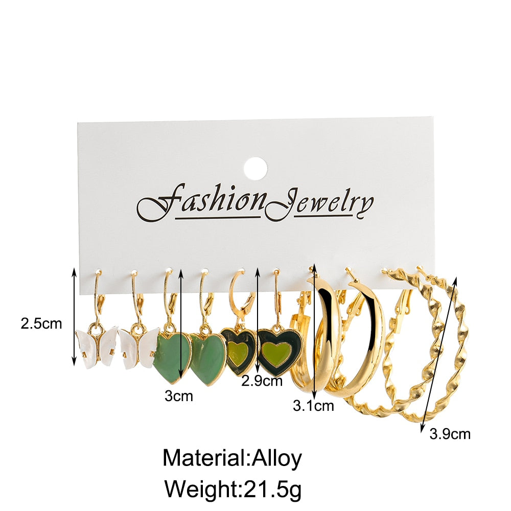 5 Pairs Green Heart Hoop Set Earrings Fashion Women Summer Party Jewelry Girls