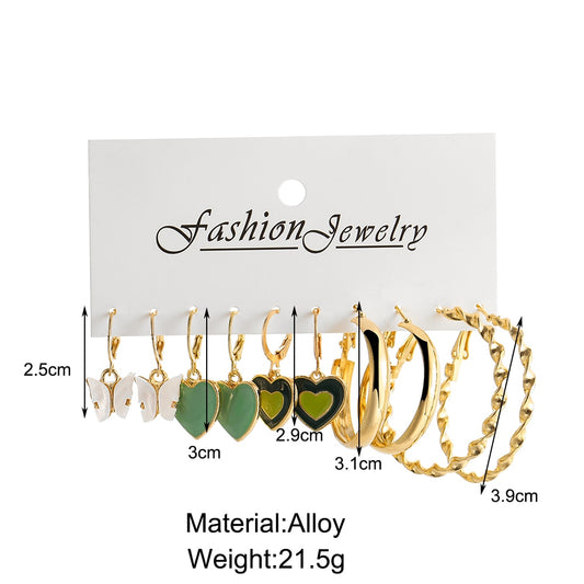 5 Pairs Green Heart Hoop Set Earrings Fashion Women Summer Party Jewelry Girls